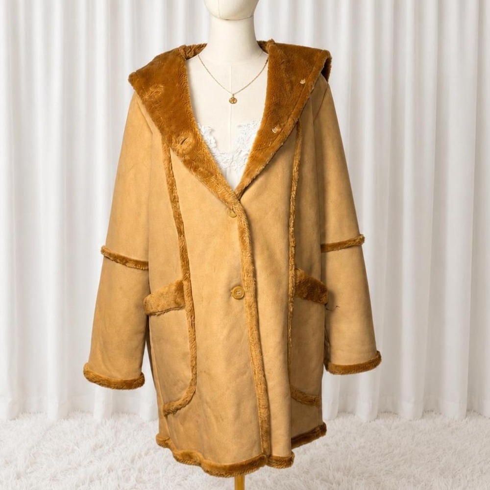 Y2K Penny Lane Style Faux Suede Hooded Coat